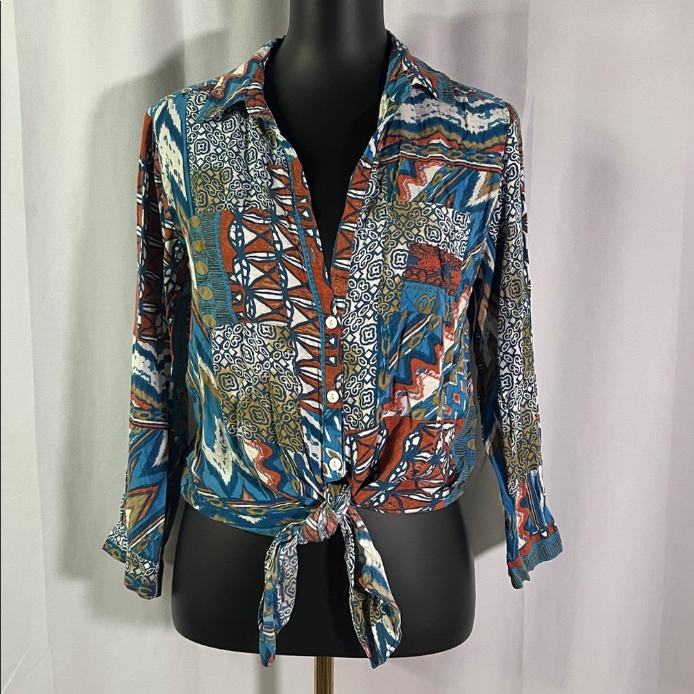 Karen Kane Multicolor Mixed Print 3/4 Sleeve Button Down Tie Front Shirt